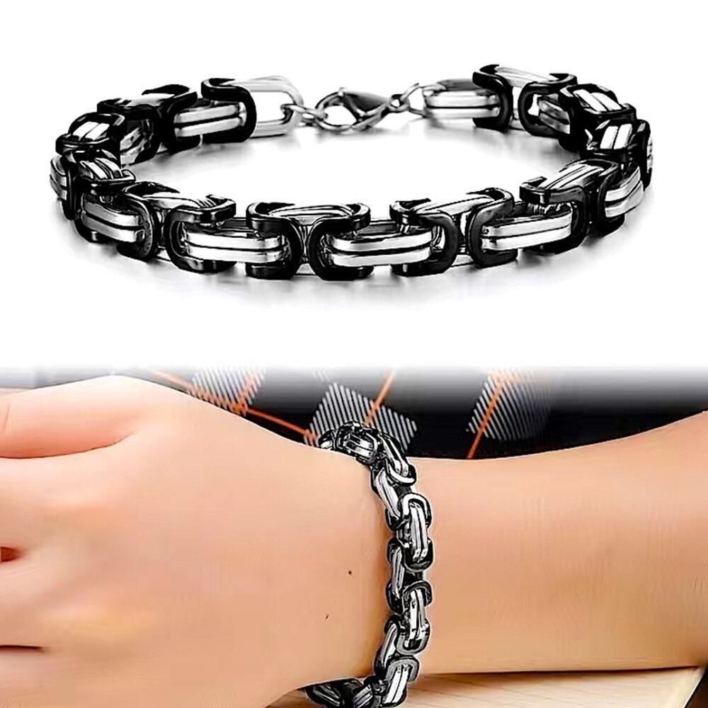 STAINLESS STEEL BYZANTINE MECHANIC SILVER BLACK BIKER BRACELET